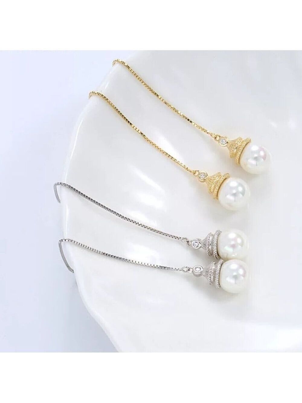 Cultured 7.75mm Pearl Earrings dangling from a 3.5 inch chain 18KY Plated - Picture 3 of 7